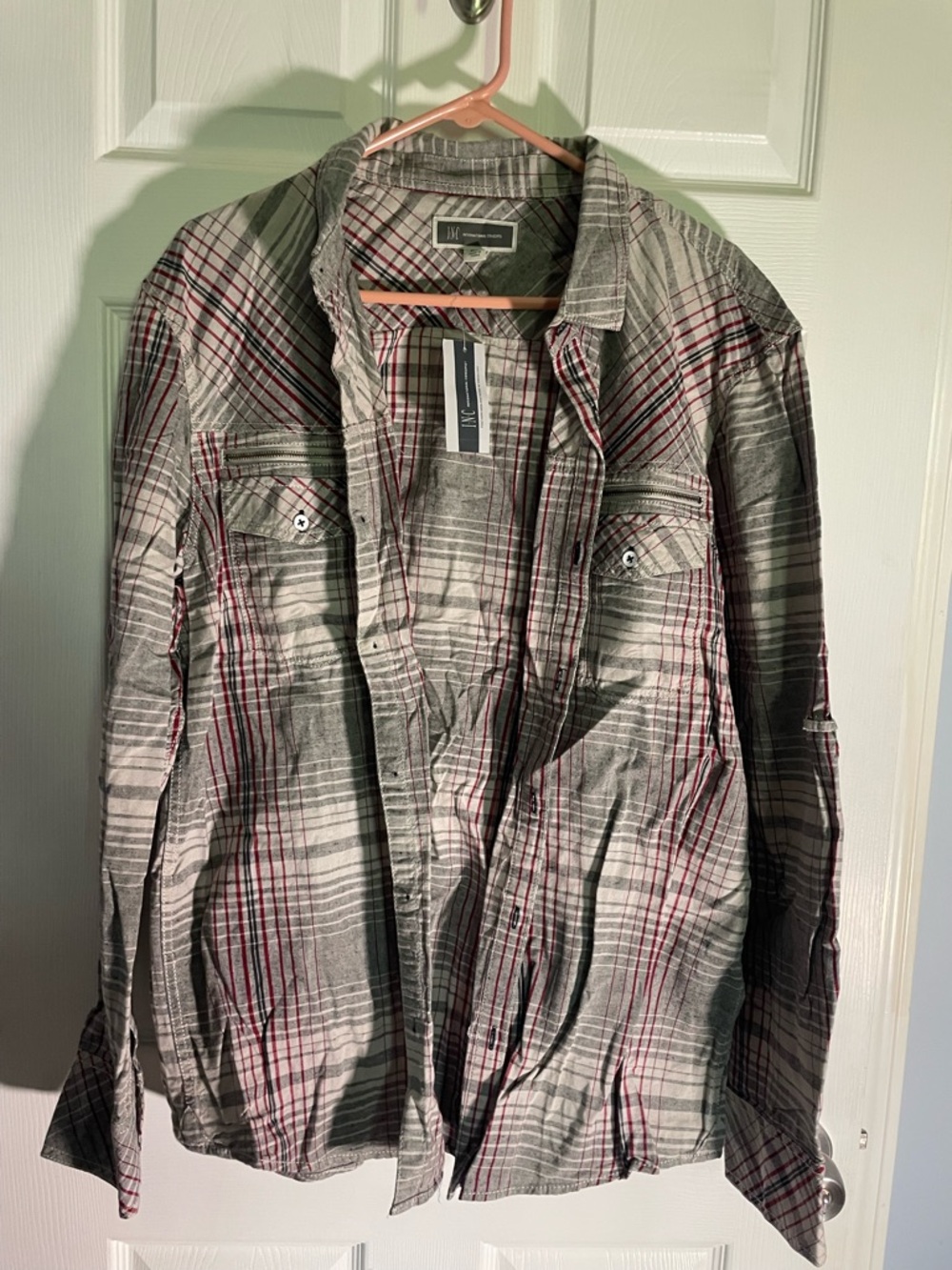 INC International Concepts Gray Plaid Long-Sleeve Dress Shirt with Red Accents